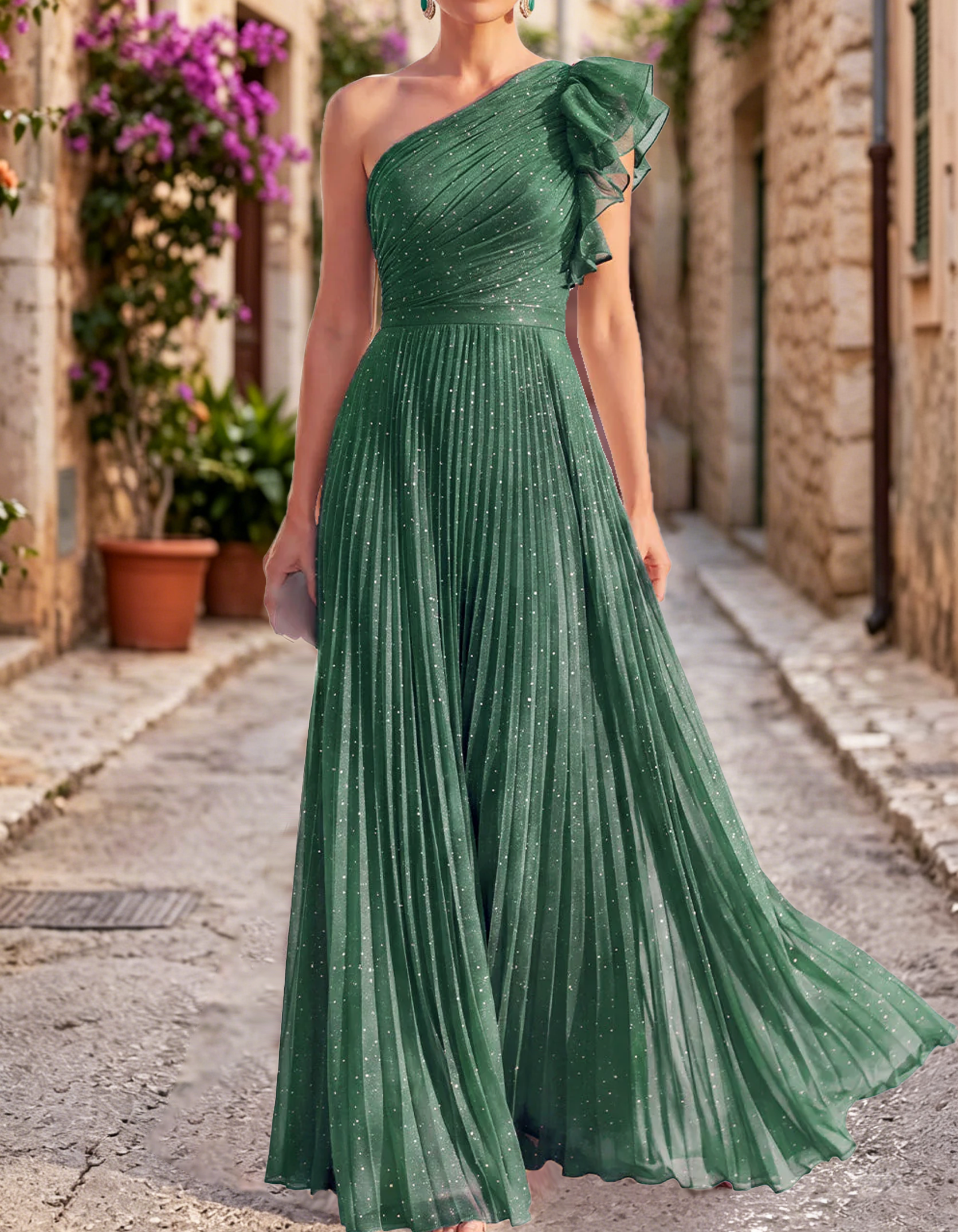 Vestido maxi plissado de chiffon com um ombro e strass