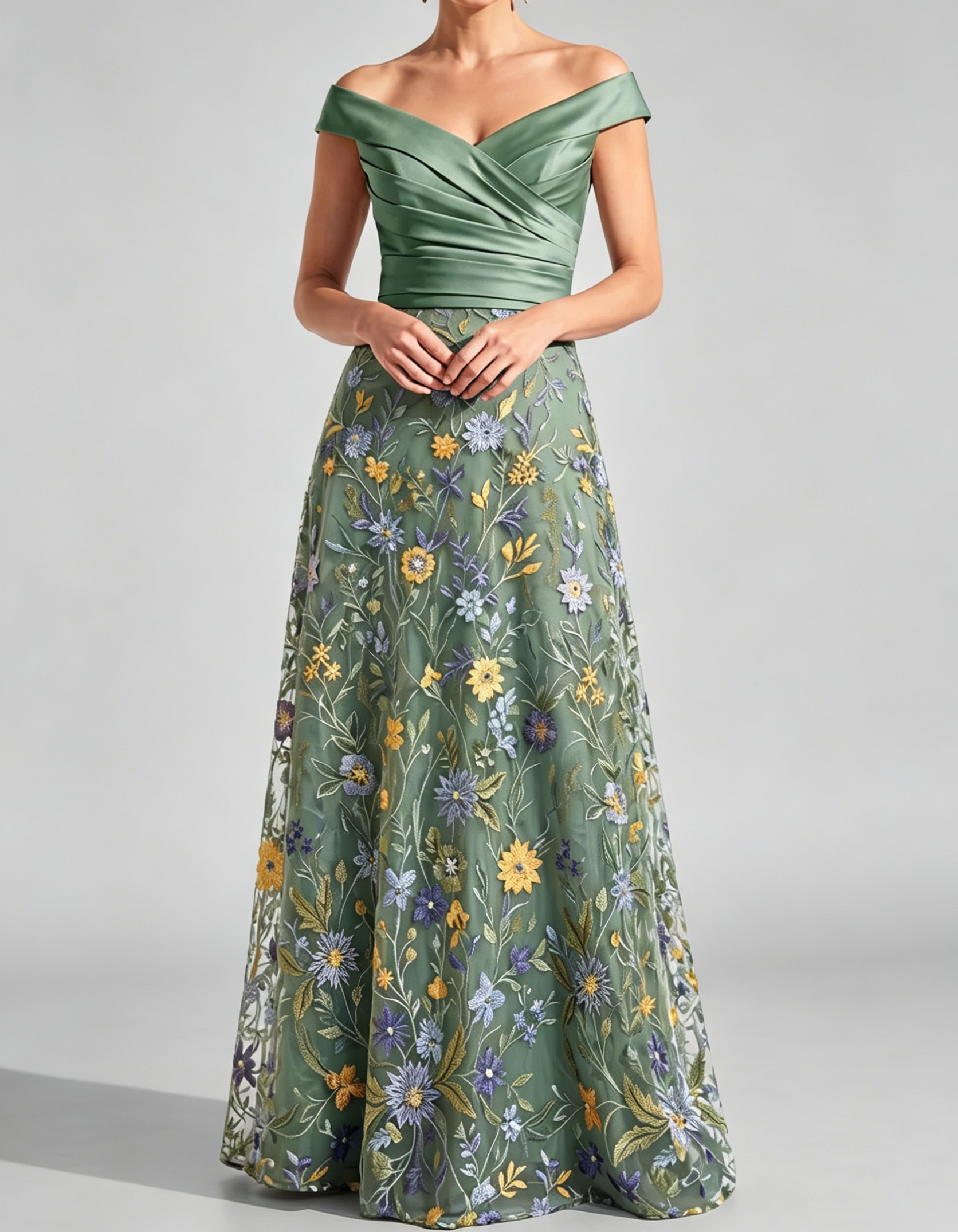 Satin Off-Shoulder Fitted Waist Lace Embroidered Mesh Maxi Dress