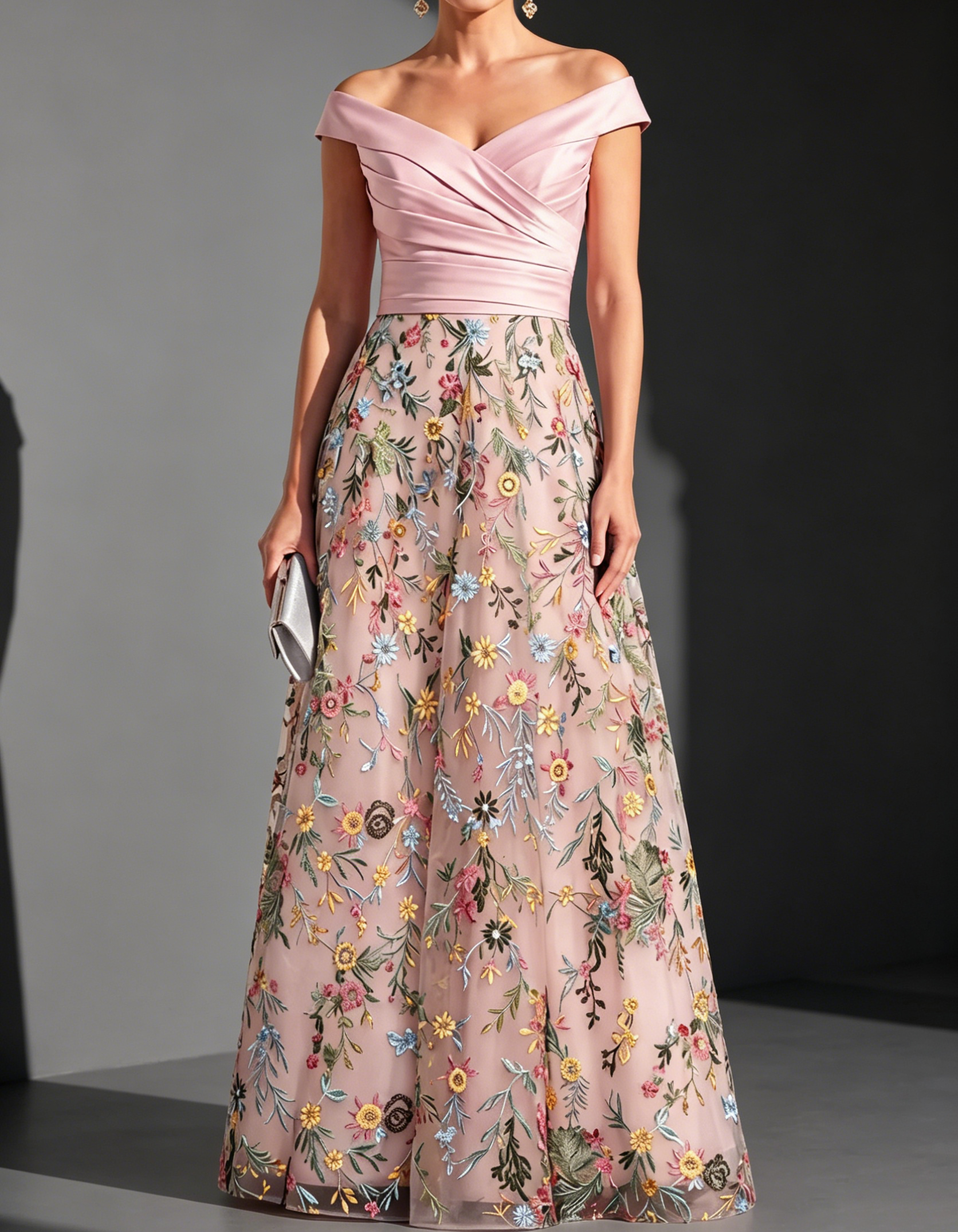 Satin Off-Shoulder Fitted Waist Lace Embroidered Mesh Maxi Dress