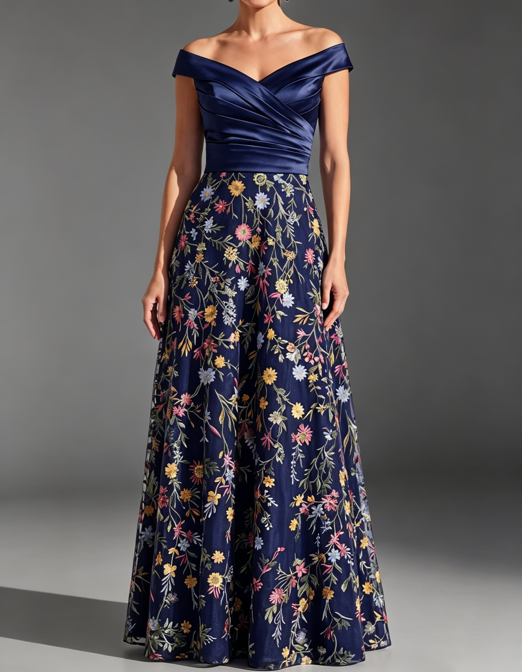 Satin Off-Shoulder Fitted Waist Lace Embroidered Mesh Maxi Dress