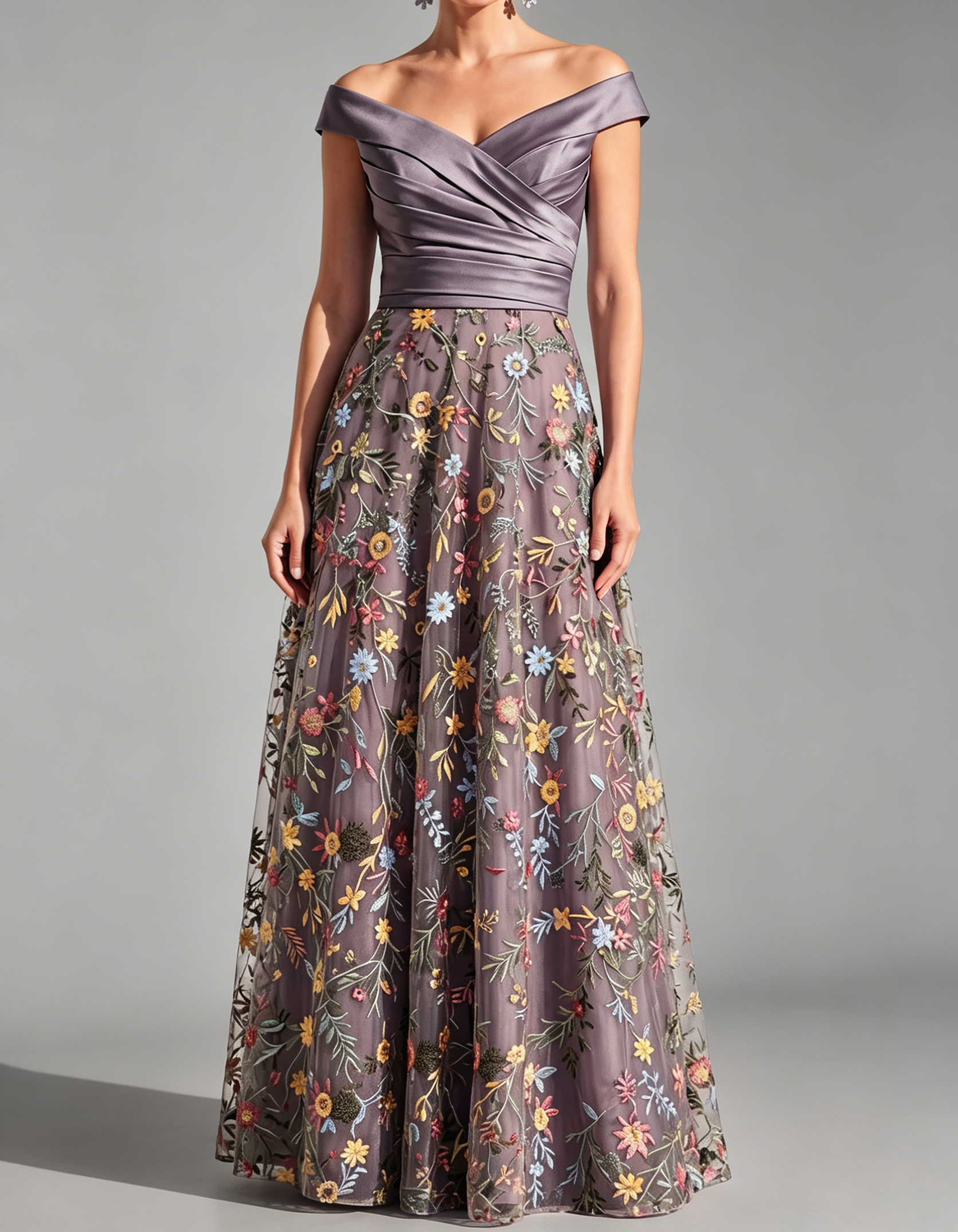 Satin Off-Shoulder Fitted Waist Lace Embroidered Mesh Maxi Dress