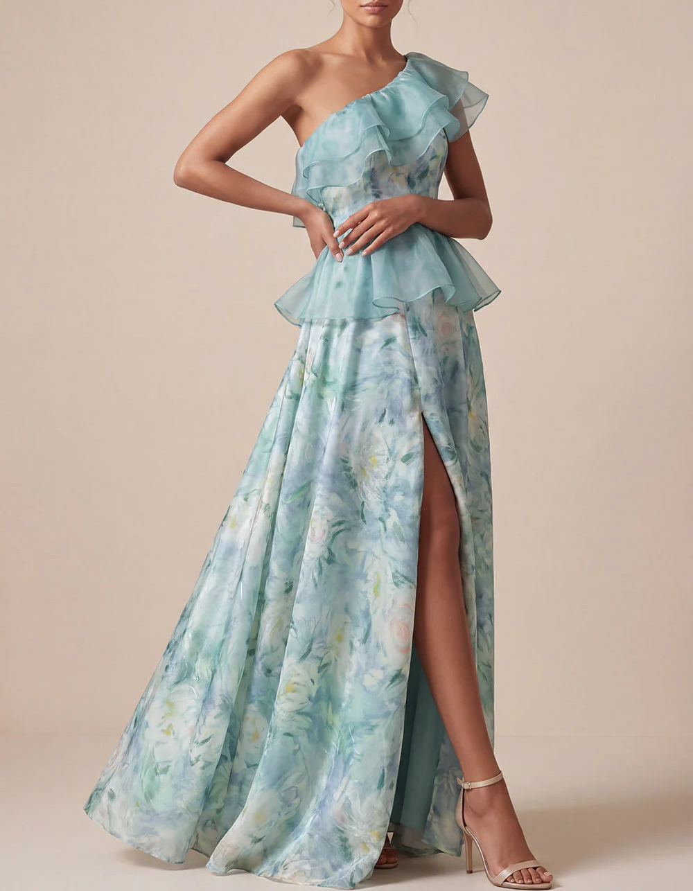 Minzgrünes Chiffon-Maxikleid mit einer Schulter, floralem Print, Rüschen und Schlitz