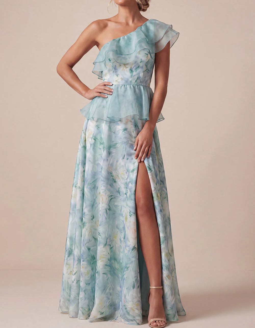 Mint Green One-Shoulder Chiffon Floral Print Ruffled Slit Maxi Dress