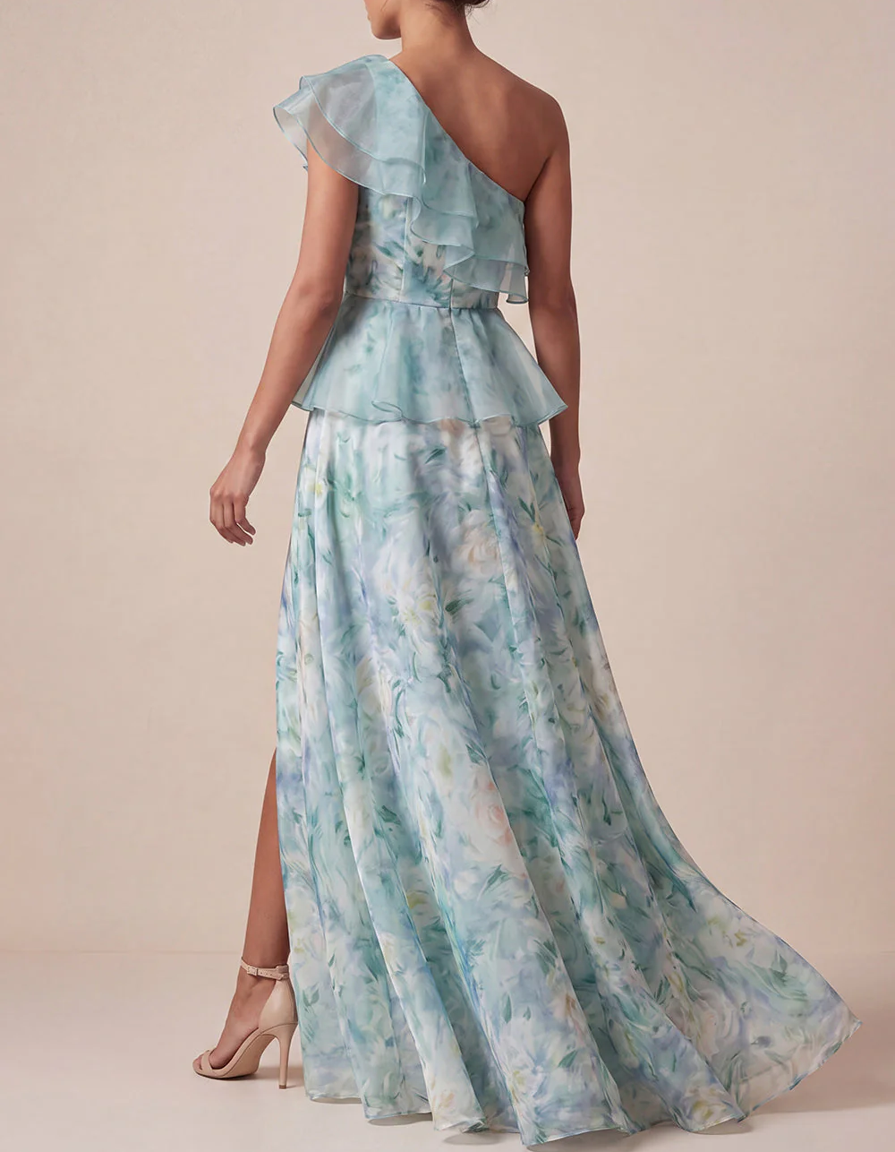Minzgrünes Chiffon-Maxikleid mit einer Schulter, floralem Print, Rüschen und Schlitz