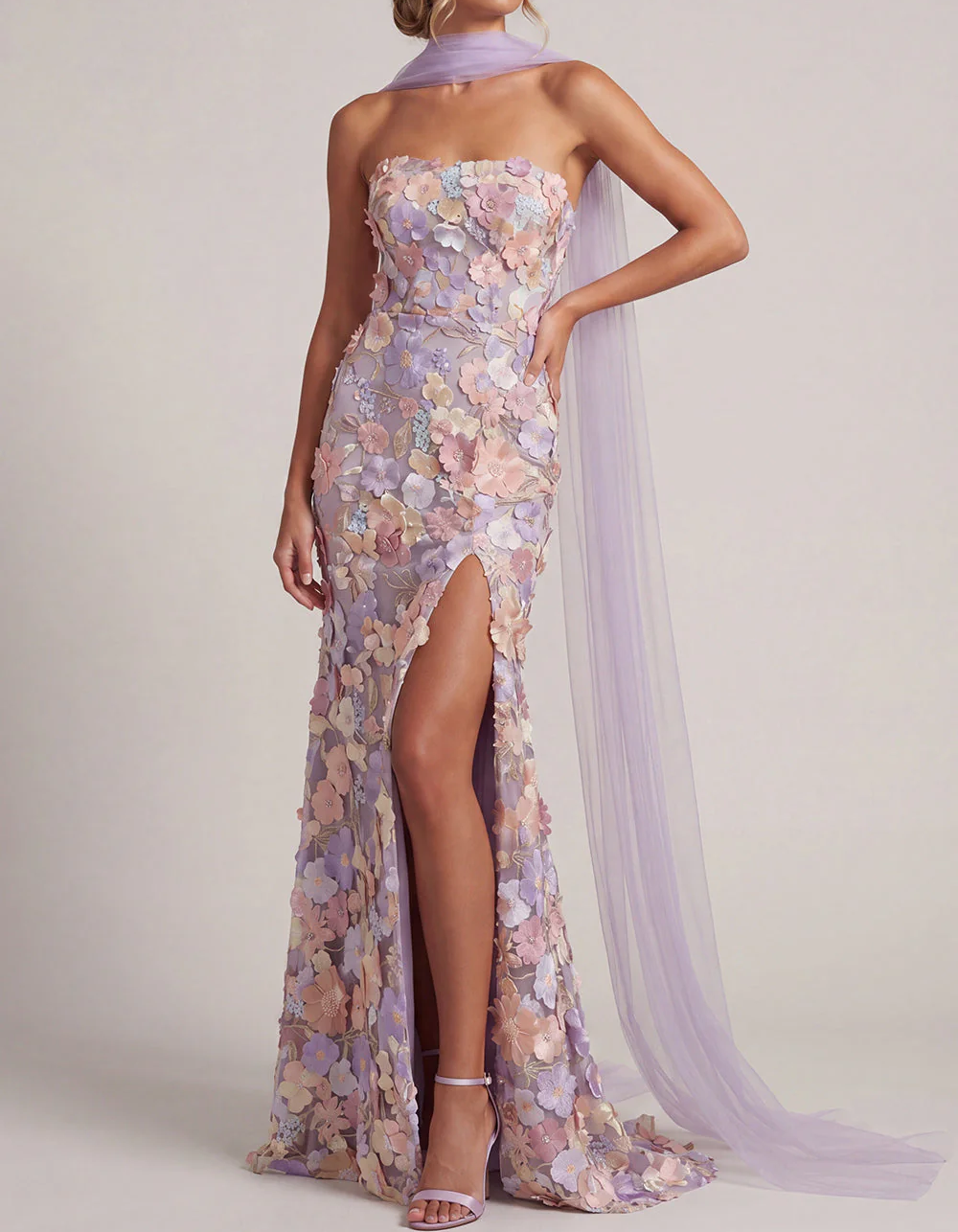 Purple Lace Embroidered Strapless Mesh Scarf Maxi Dress