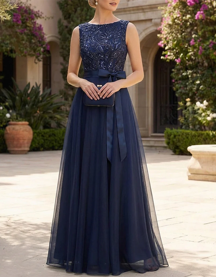 Navy Blue Sequin-Embroidered Chiffon Maxi Dress