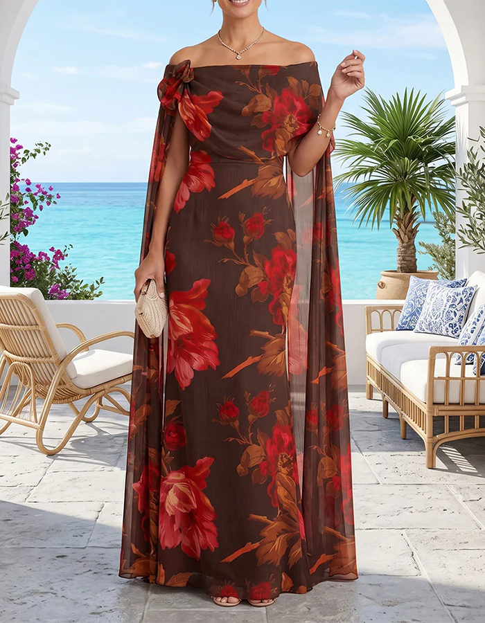 chocolate brown chiffon dress Off-the-Shoulder Floral Maxi – Elirelle Champagne Satin Short Sleeve POPPYDRESSNAVYCOTTONPOPLIN High neck LENGTH:My calf