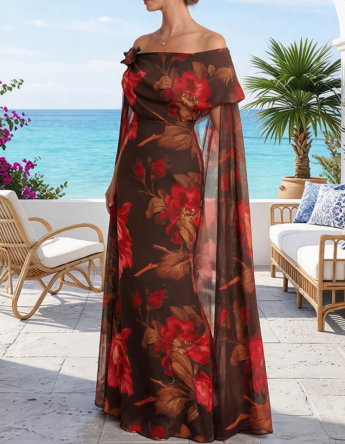 Robe longue en mousseline florale chocolat marron à épaules dénudées