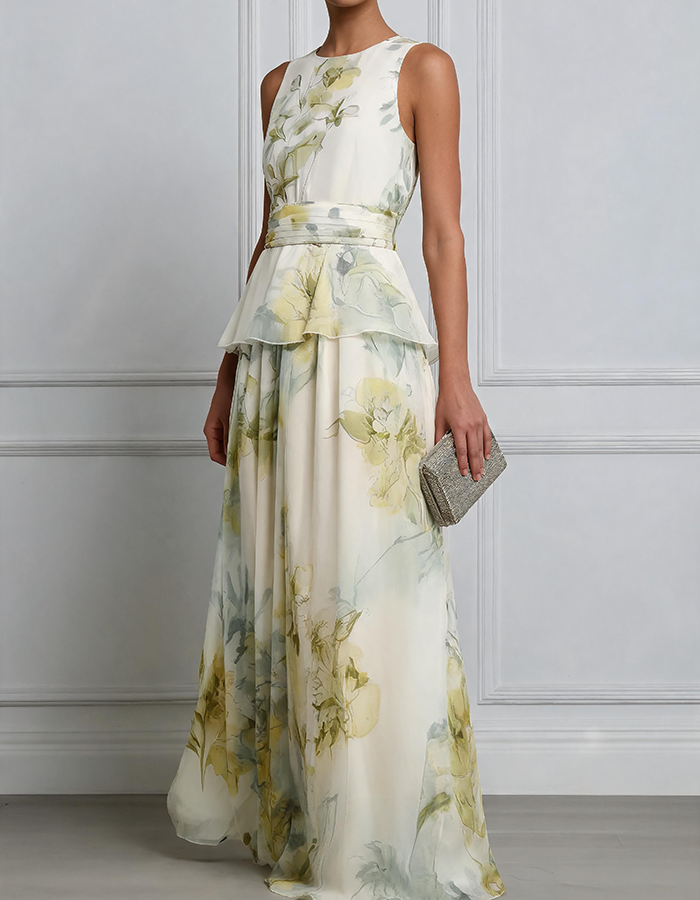 Ivoor aquarel bloemen peplum chiffon maxi-jurk