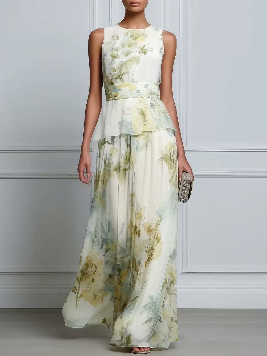 Ivory Watercolor Floral Peplum Chiffon Maxi Dress