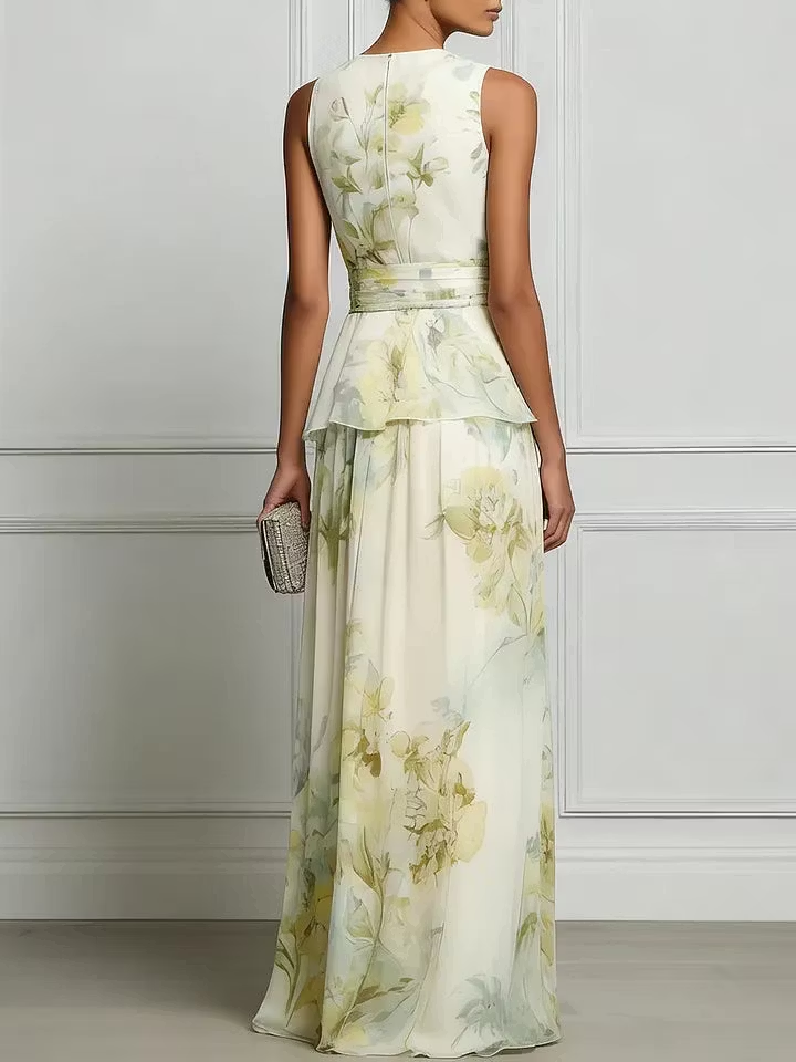 Ivoor aquarel bloemen peplum chiffon maxi-jurk