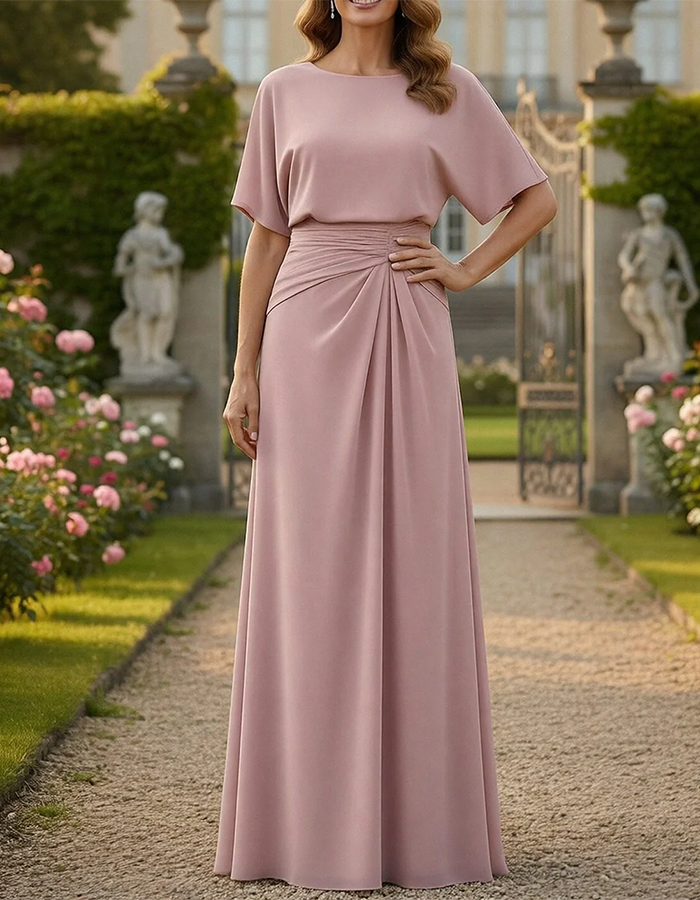 Pink Dolman Sleeve Ruched Waist Chiffon Maxi Dress