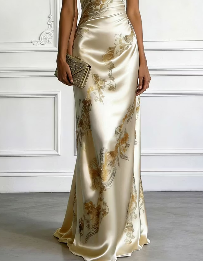 Maxikleid aus Satin mit einem schulterfreien Druckdesign