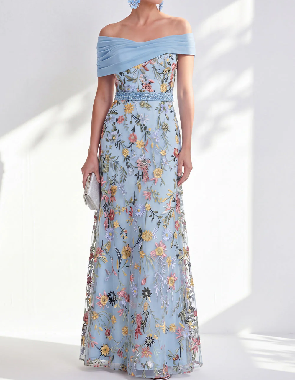 Chiffon Off-Shoulder Lace Embroidered Maxi Dress