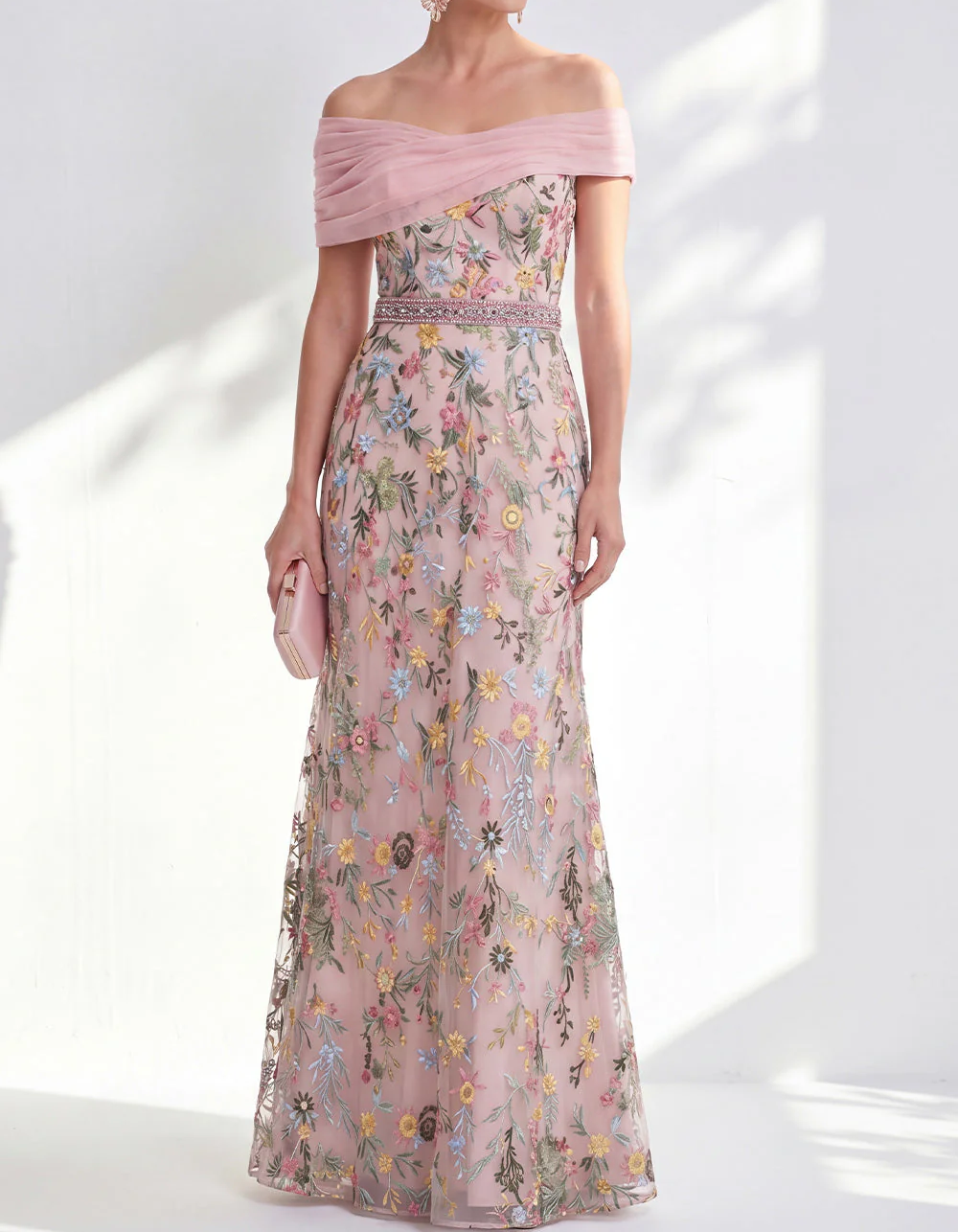 Chiffon Off-Shoulder Lace Embroidered Maxi Dress