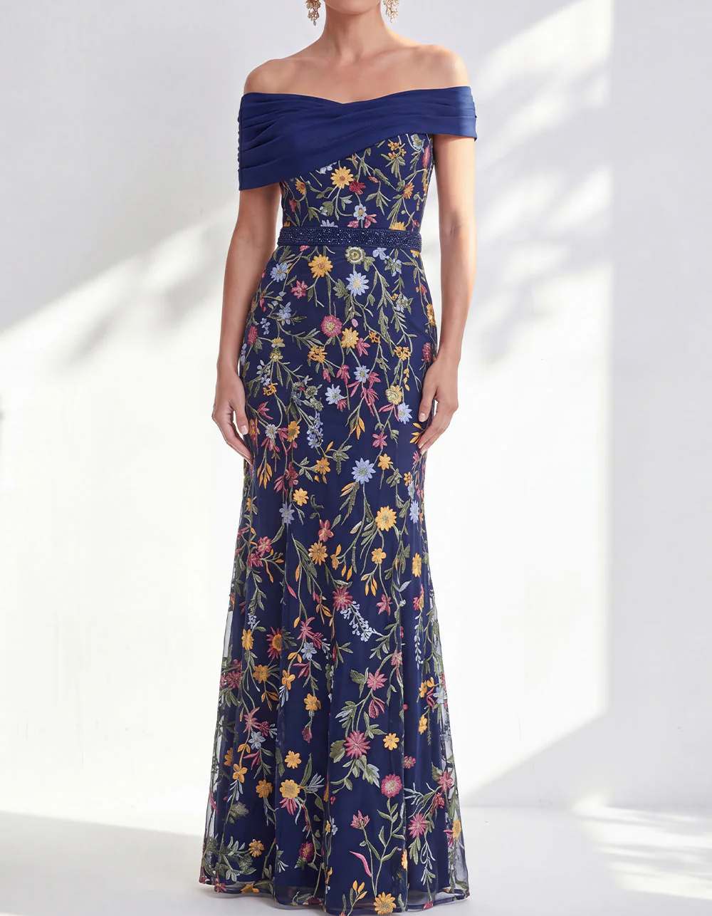 Chiffon Off-Shoulder Lace Embroidered Maxi Dress