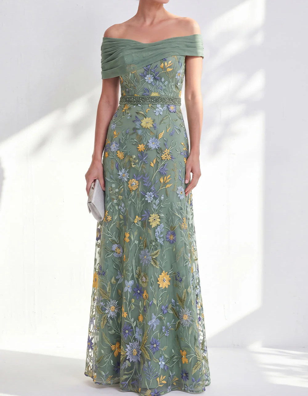 Chiffon Off-Shoulder Lace Embroidered Maxi Dress