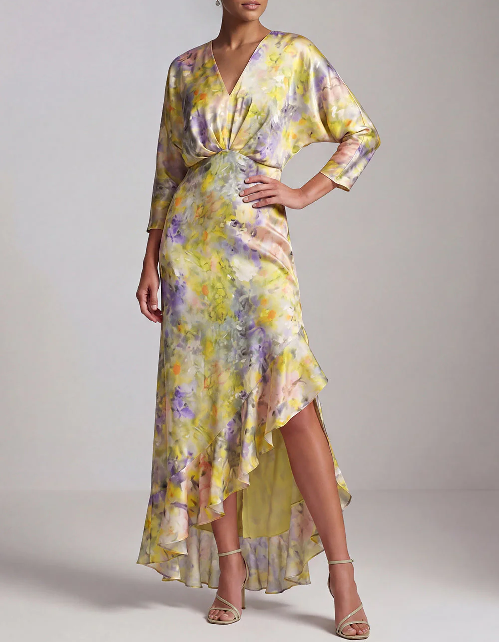 Pale Yellow Satin Printed V-Neck Maxi Dress