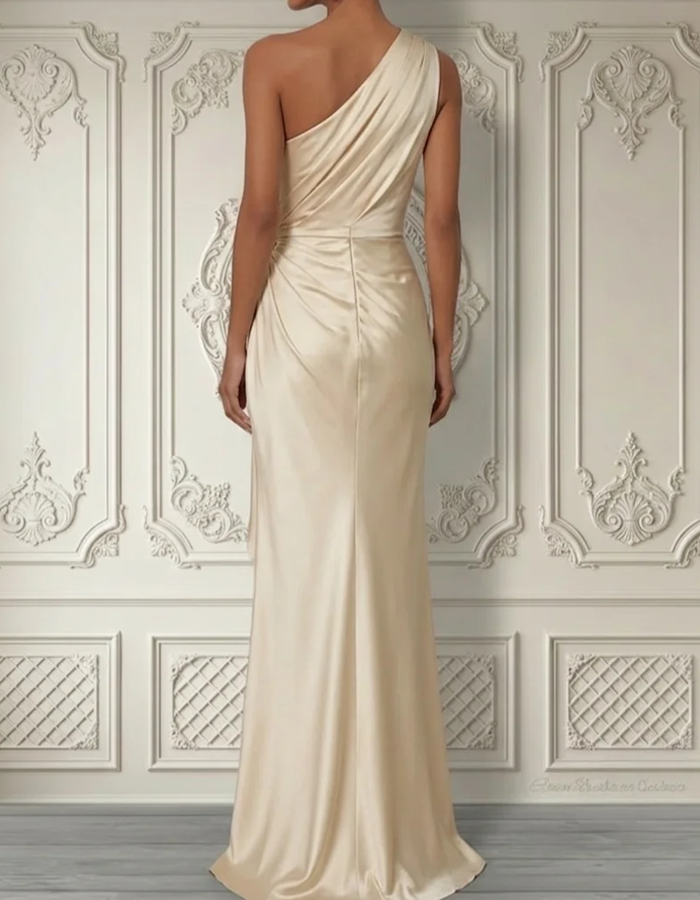 Vestido Maxi de Cetim com Aplicação Floral e Ombro Único