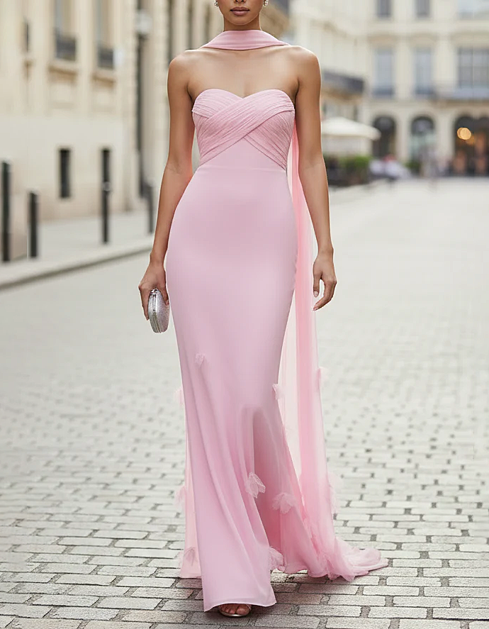 Pale Pink Chiffon Shawl 3D Floral Strapless Fishtail Maxi Dress