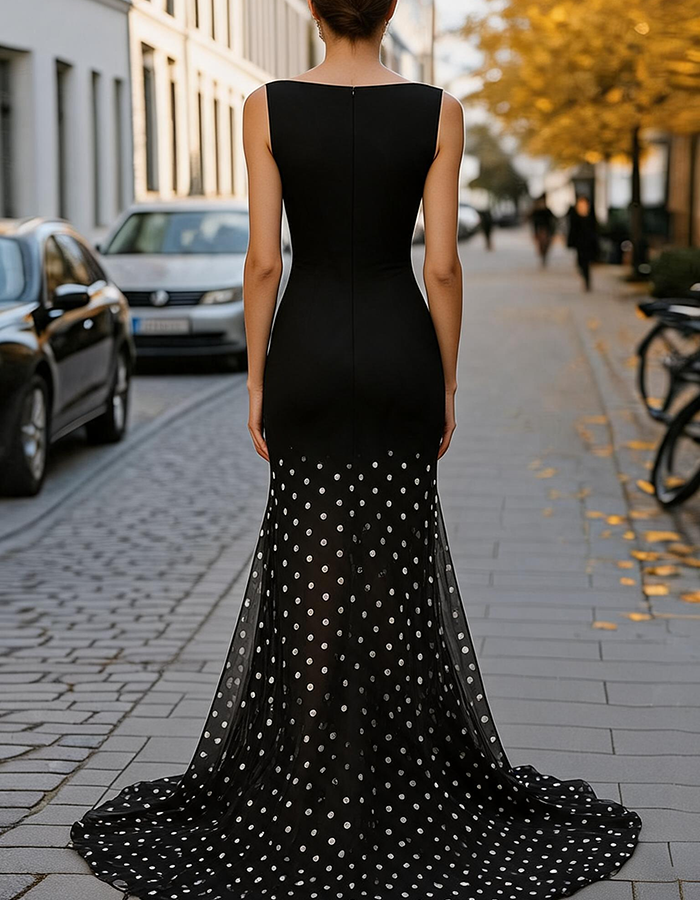 Black Boat Neck Polka Dot Mermaid Maxi Dress