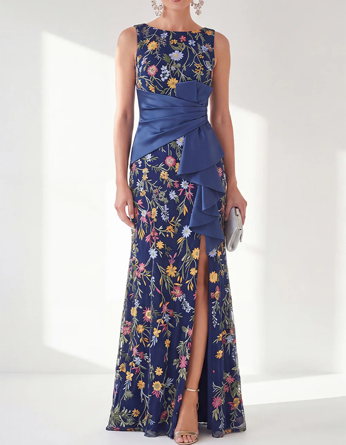 Navy Blue Floral Embroidered Satin Waist Ruffle Maxi Dress