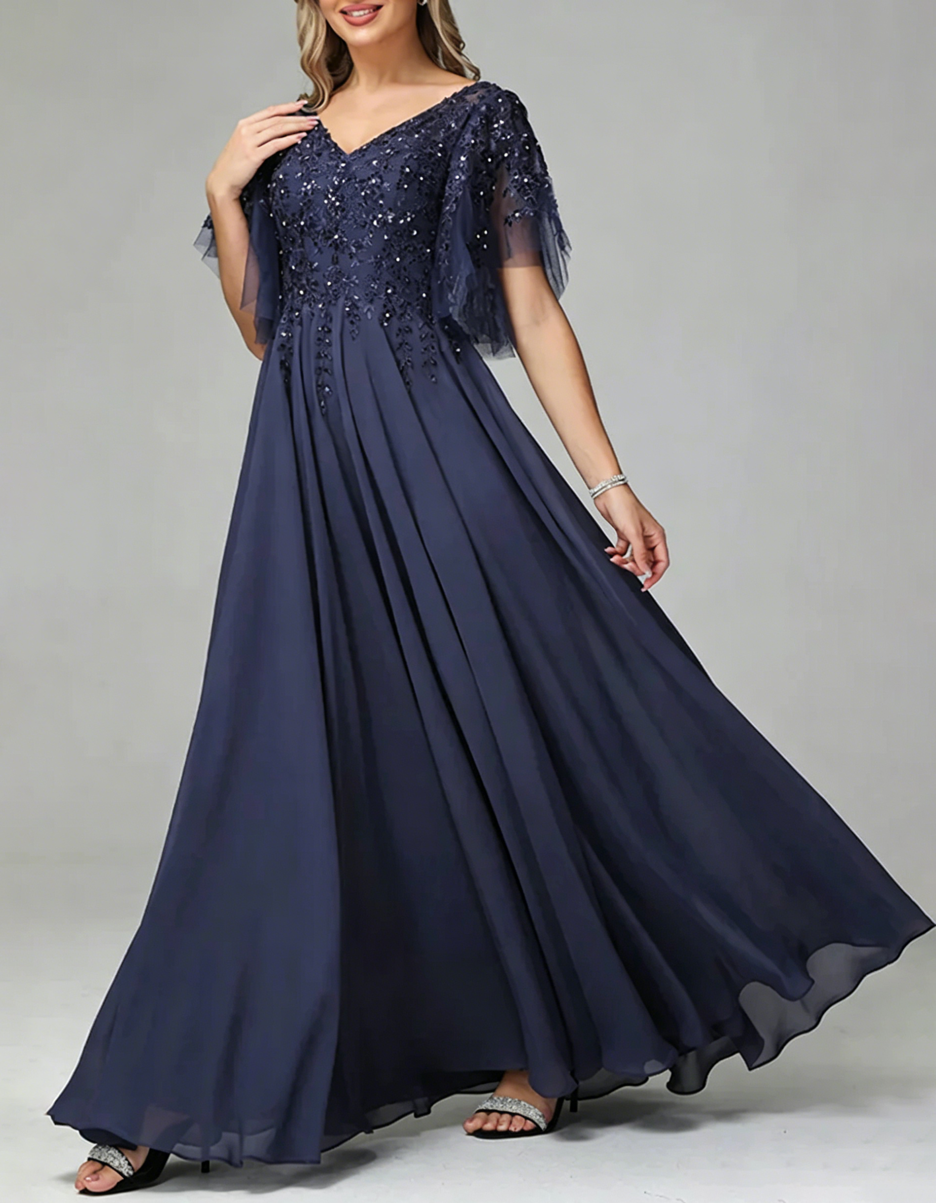 Navy Blue Chiffon & Lace Embroidered V-Neck Maxi Dress