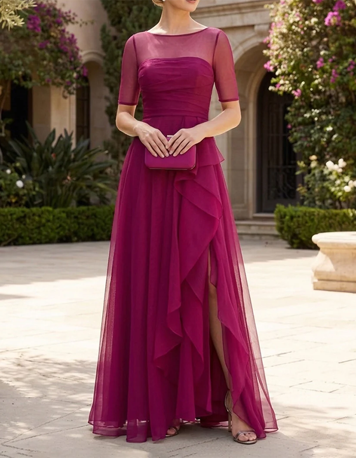 Vestido Maxi de Tule com Folhos no Pescoço Magenta Ilusão