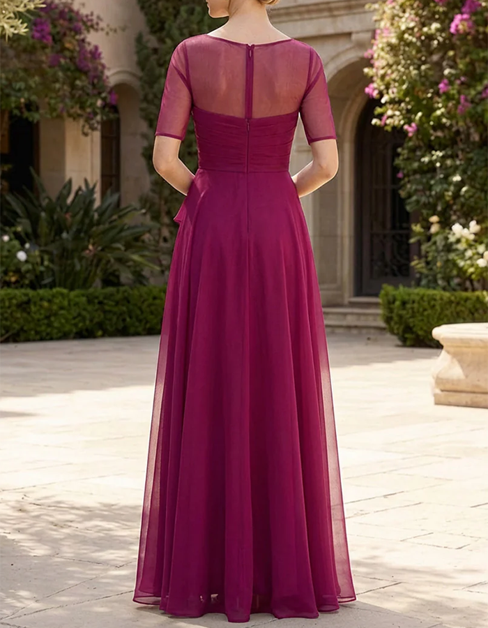 Vestido Maxi de Tule com Folhos no Pescoço Magenta Ilusão