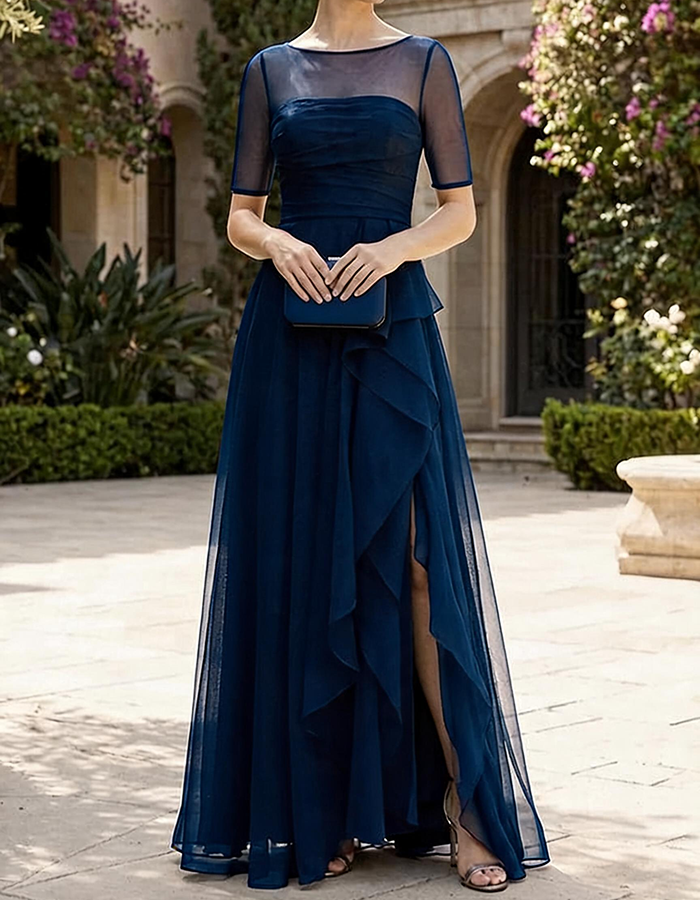 Vestido Maxi de Tule com Folhos no Pescoço Magenta Ilusão