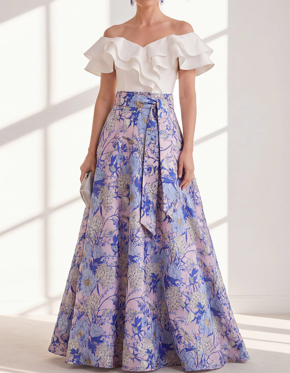Chiffon Print Off-Shoulder Ruffle Maxi Dress