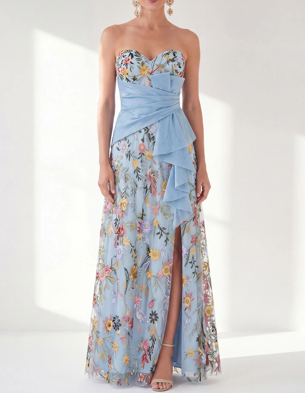 Lace Embroidered Strapless Slit Maxi Dress