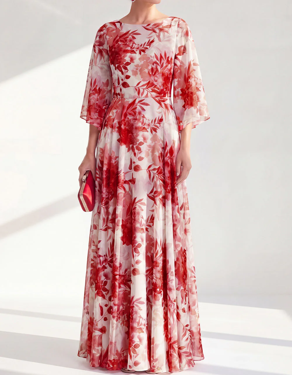 Chiffon Floral Print Crew Neck Maxi Dress
