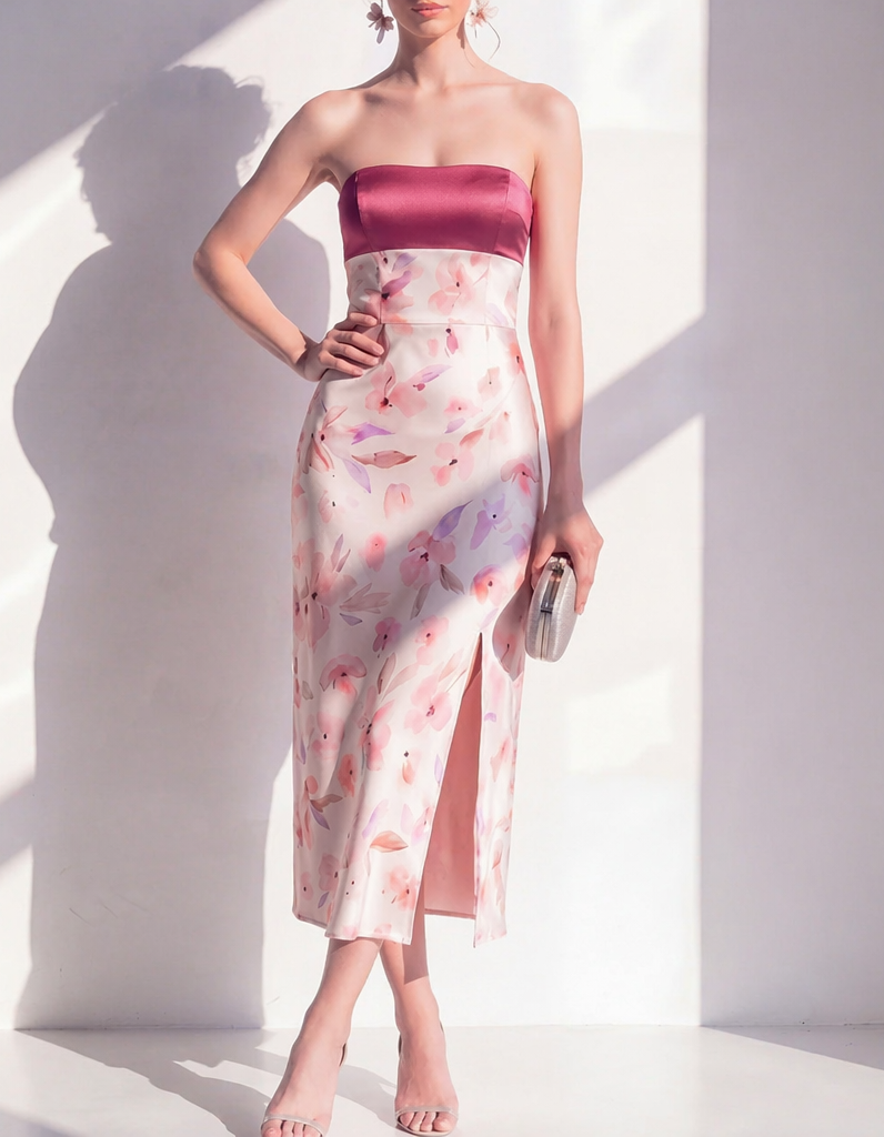 Rose Pink Satin Printed Patchwork Midi Dress