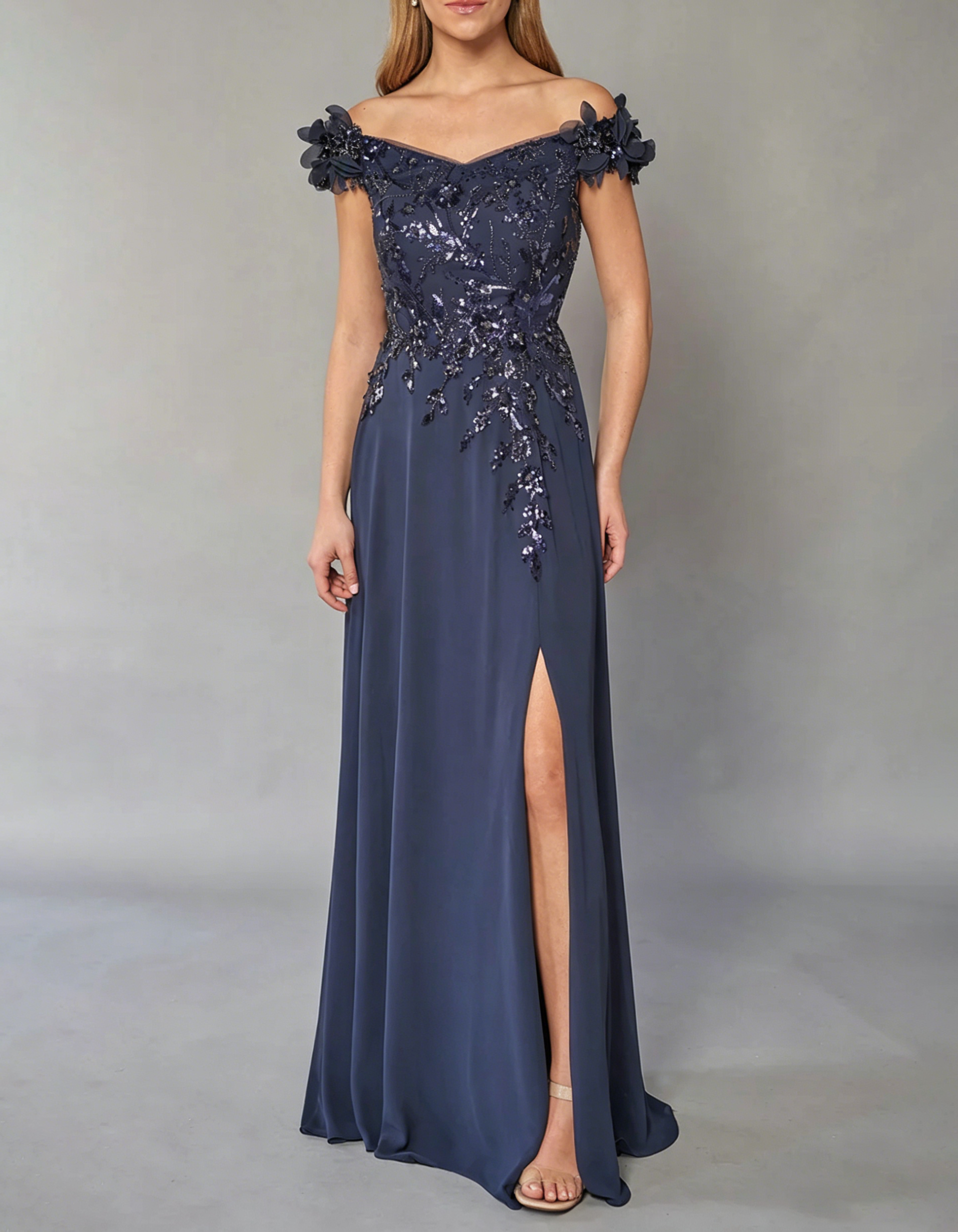 Navy Blue Lace Embroidered Off-Shoulder Maxi Dress