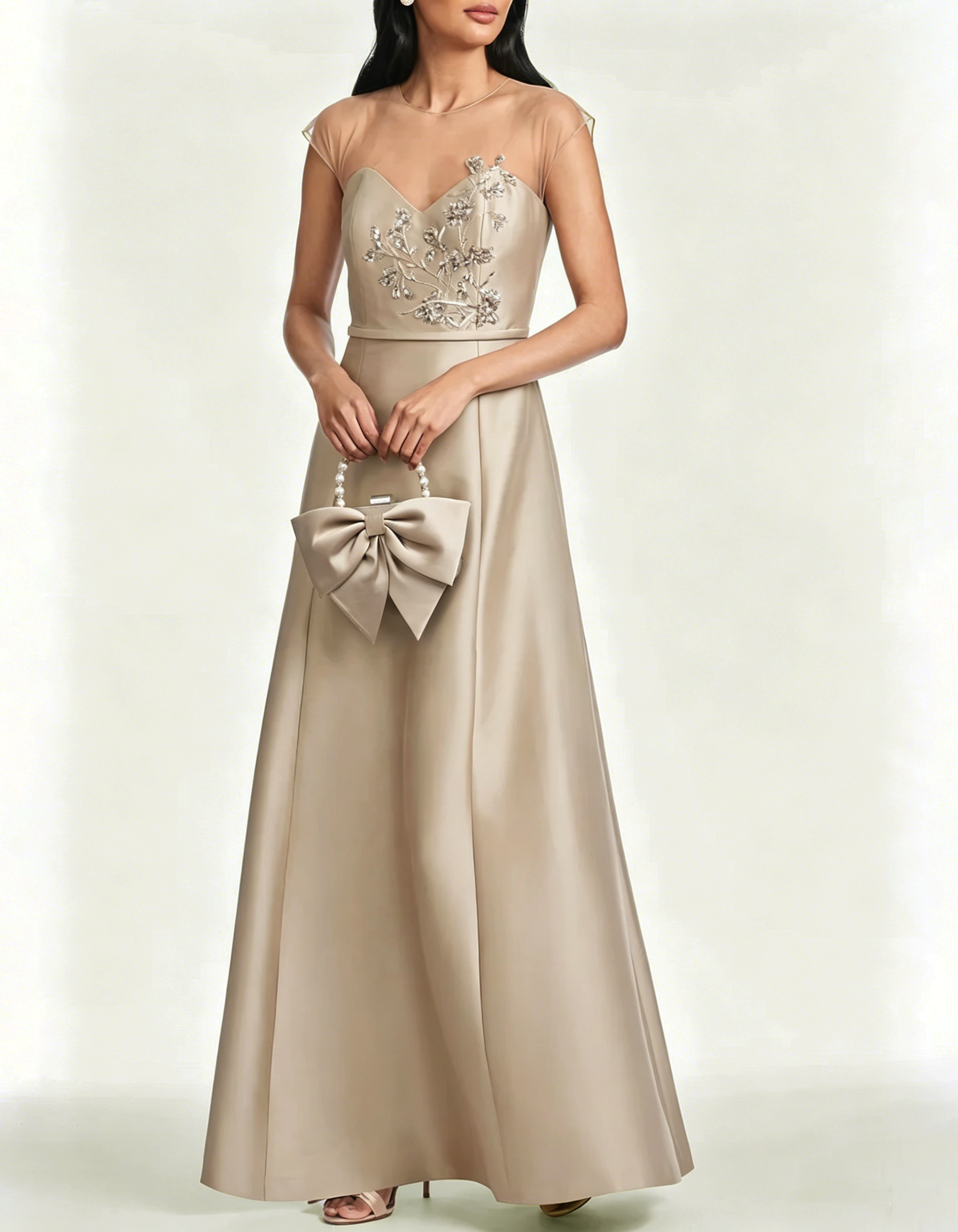 Champagne-Colored Satin Mesh Sequined Embroidered Maxi Dress