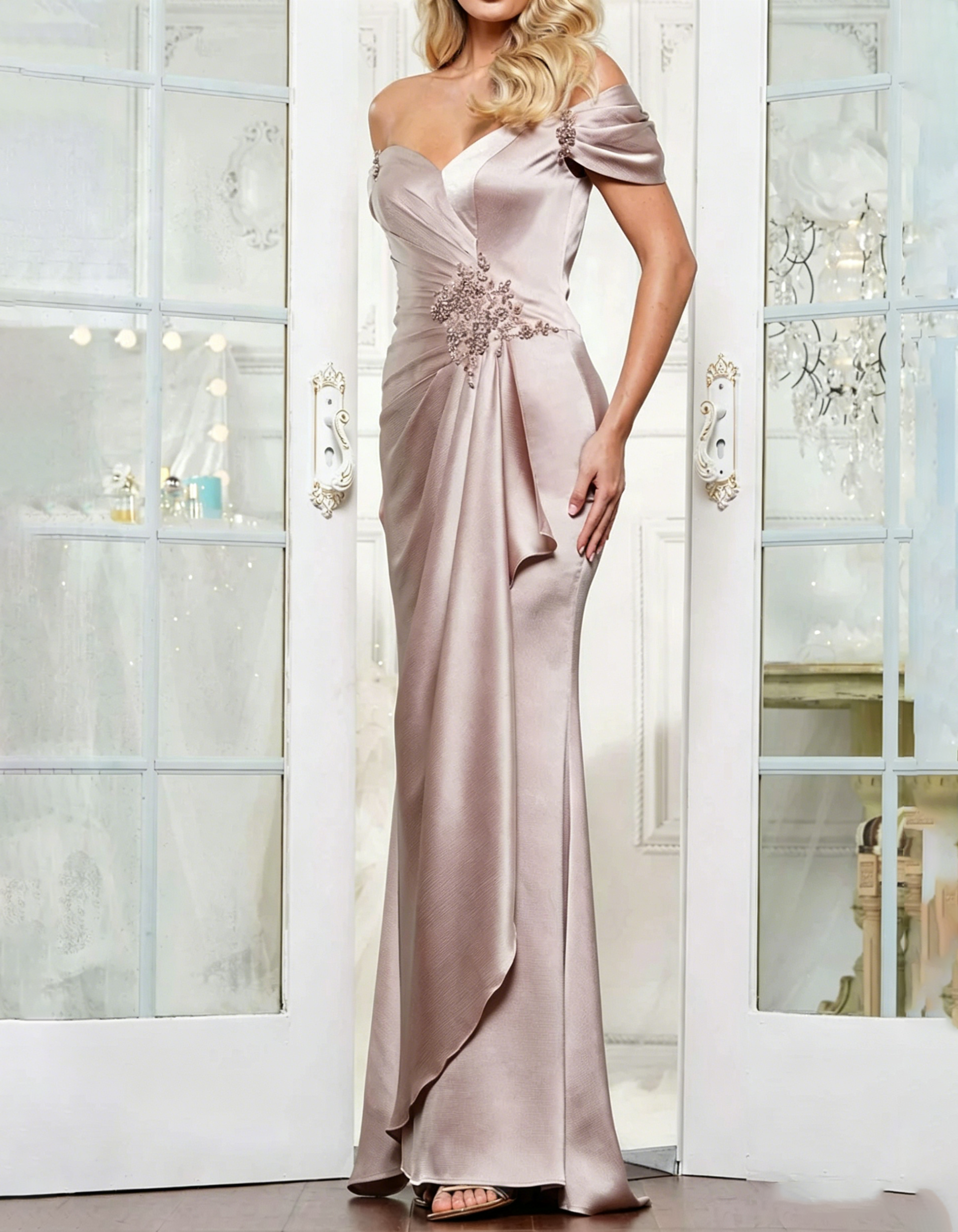 Satin Lace Embroidered Off-Shoulder Maxi Dress
