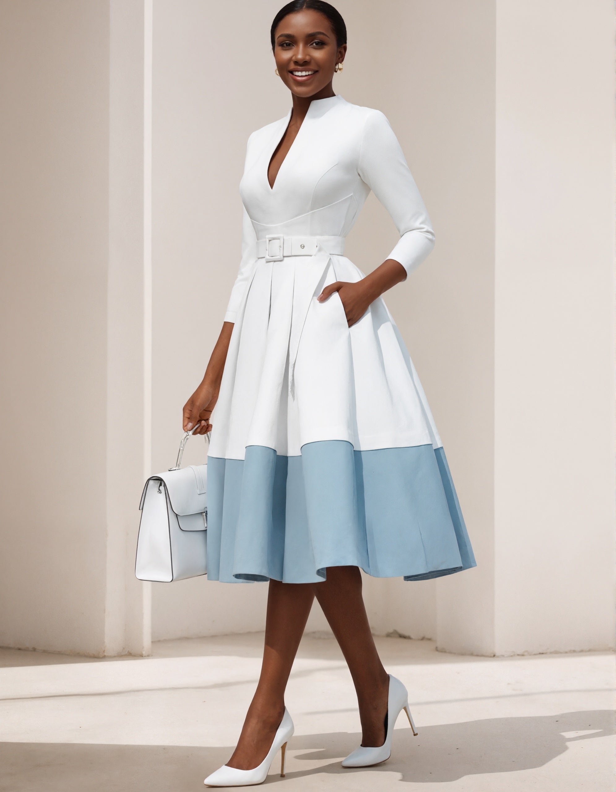 Vestido acampanado blanco y azul claro refinado con cintura ceñida y cuello alto