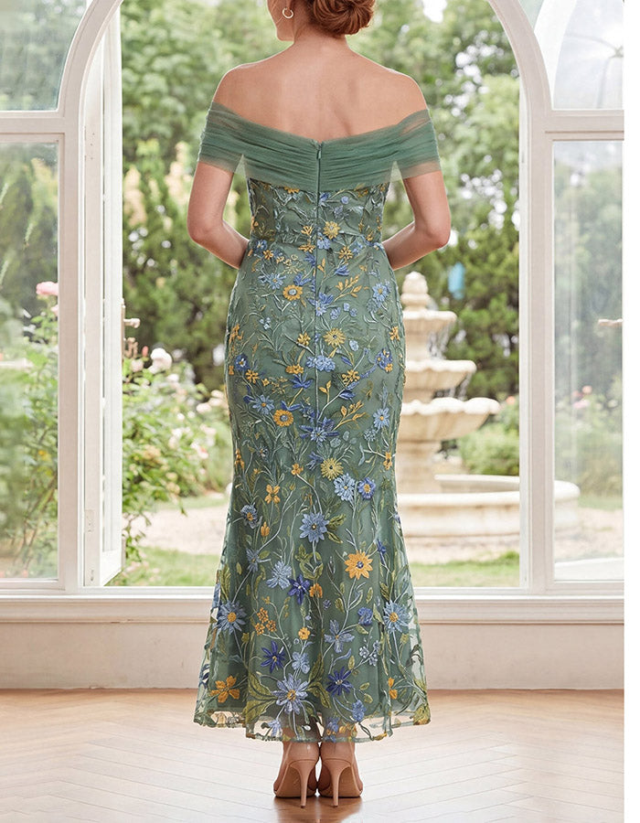 Sage Green Off-the-Shoulder Floral Embroidered Tea-Length Mermaid Maxi Dress