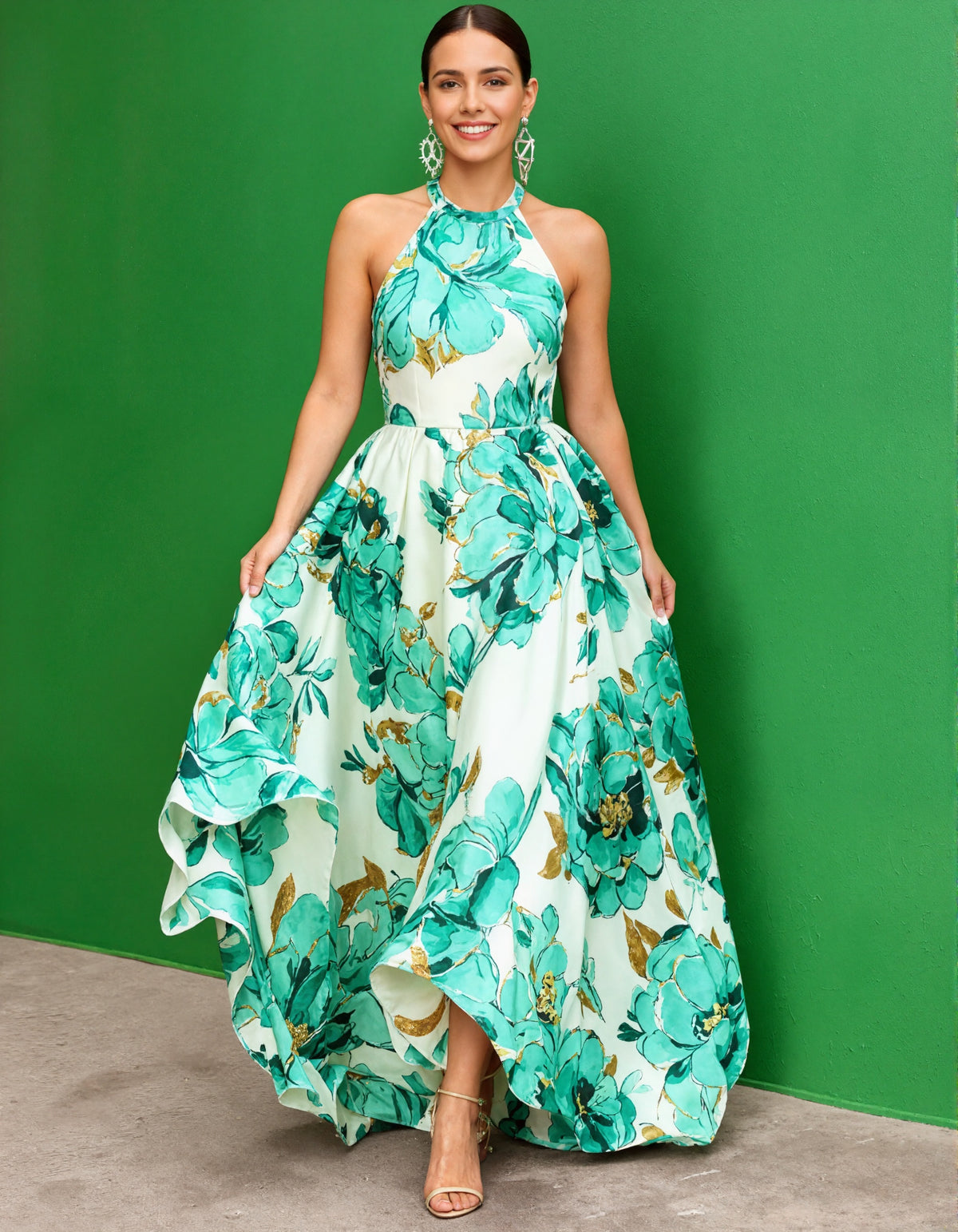 Rochie maxi verde cu imprimeu floral și spatele gol  