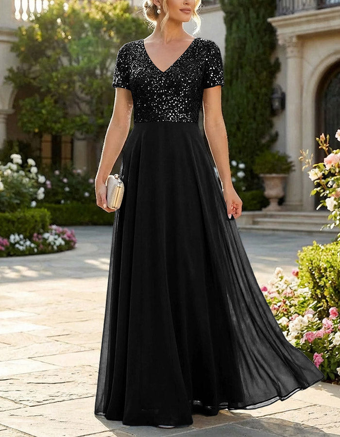 Vestido maxi de gasa azul polvoriento con lentejuelas decorativas