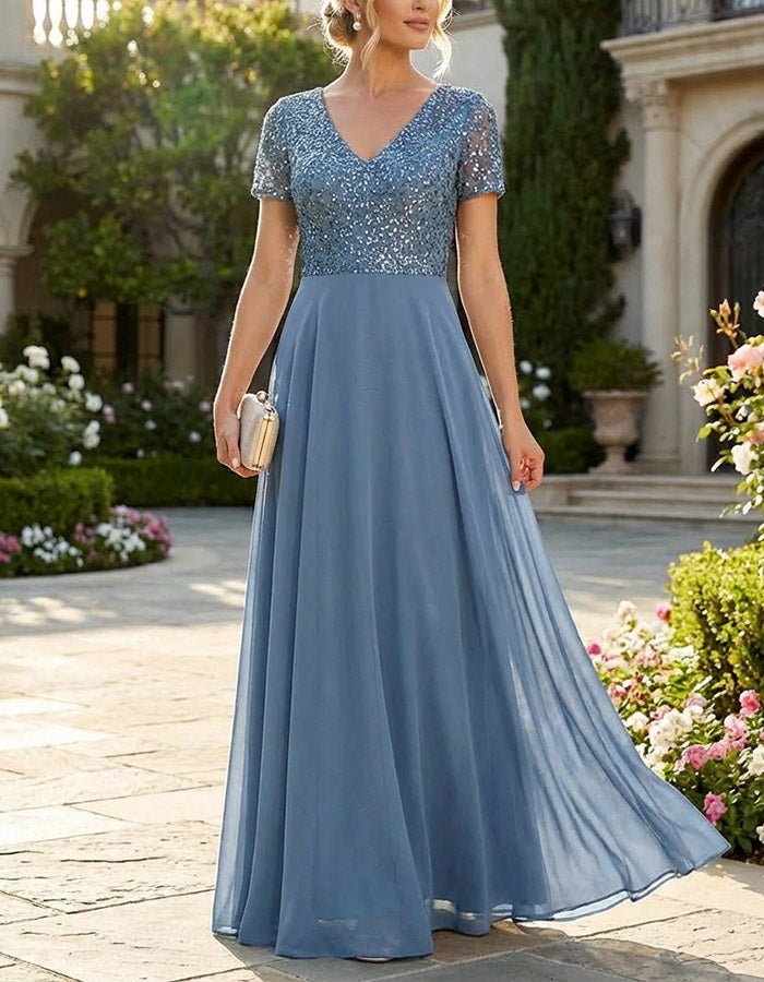 Vestido maxi de gasa azul polvoriento con lentejuelas decorativas