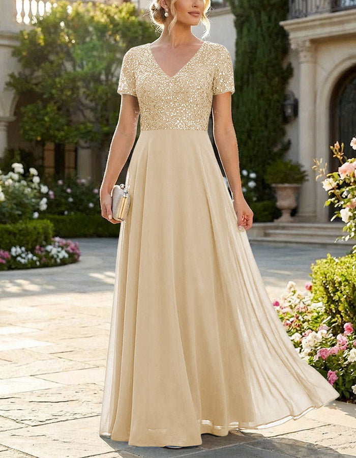 Vestido maxi de gasa azul polvoriento con lentejuelas decorativas