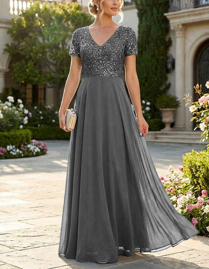 Vestido maxi de gasa azul polvoriento con lentejuelas decorativas