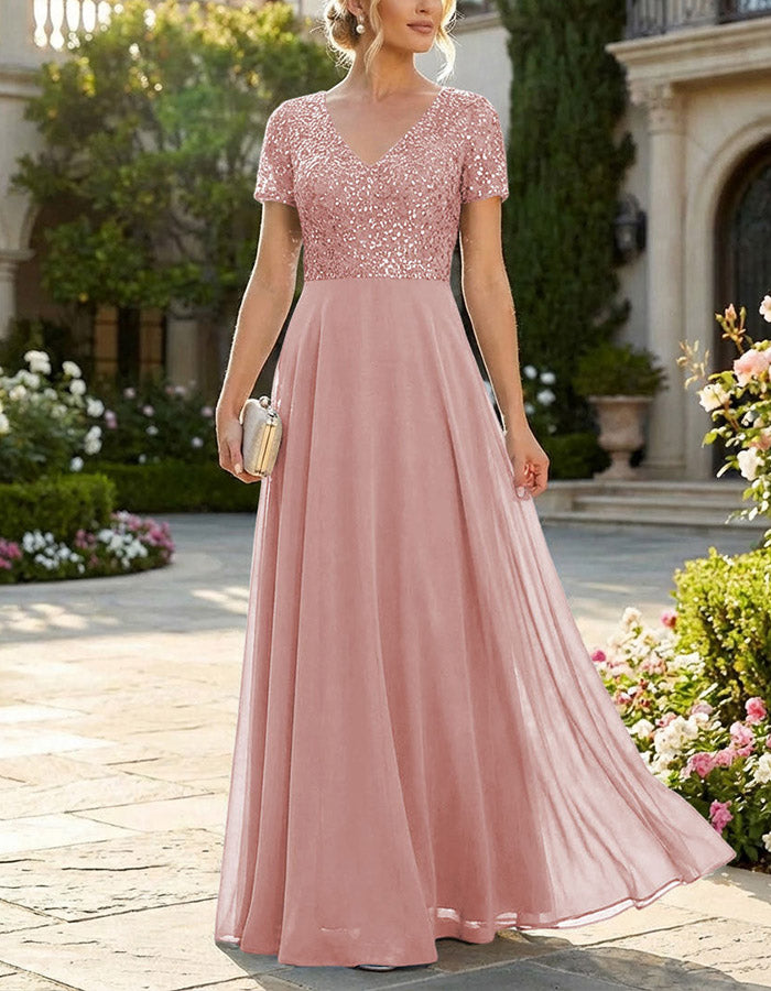 Vestido maxi de gasa azul polvoriento con lentejuelas decorativas