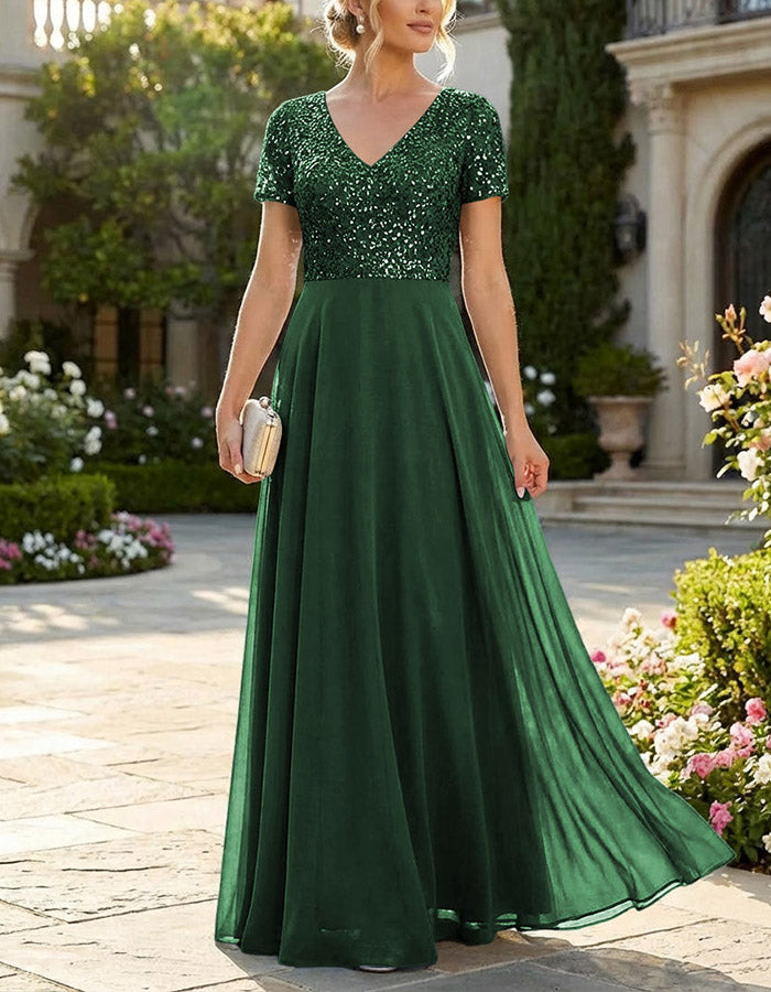 Vestido maxi de gasa azul polvoriento con lentejuelas decorativas
