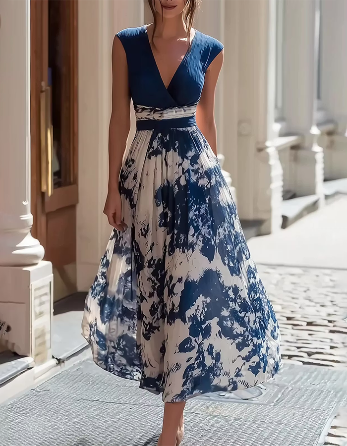 Abito midi a maniche corte con stampa astratta navy e bianca
