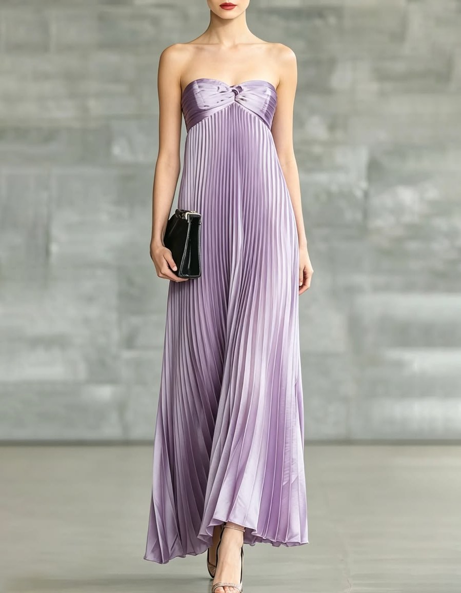 Light Purple Satin Strapless Pleated Maxi Dress