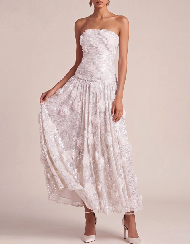 Sequined Rose Strapless A-line Maxi Dress