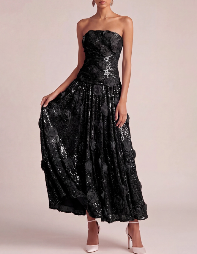 Sequined Rose Strapless A-line Maxi Dress